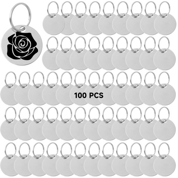 100 Pcs Étiquettes Métalliques Rondes - 1.2 Étiquettes Vierges en Acier Inoxydable pour Chien avec Trou, Porte-Clés en Métal avec Anneaux pour Gravure Bracelet Fabrication de Bijoux