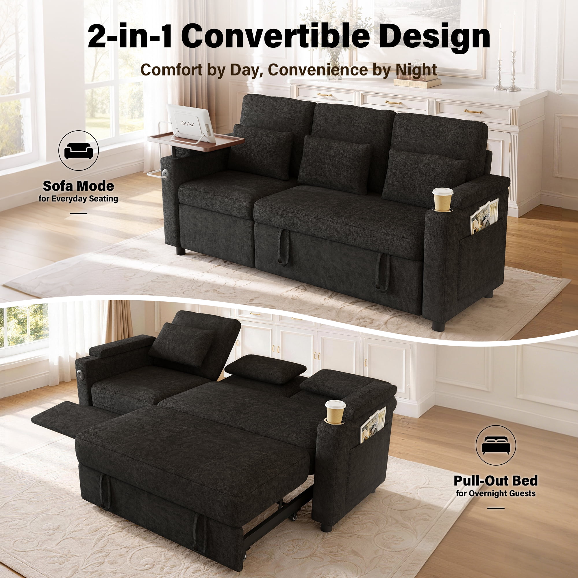 Aukfa 81" Convertible Sleeper Sofa,Chenille 3-in-1 Sofa Bed with Recliner,Center Table,USB Ports & Storage Armrests,Black