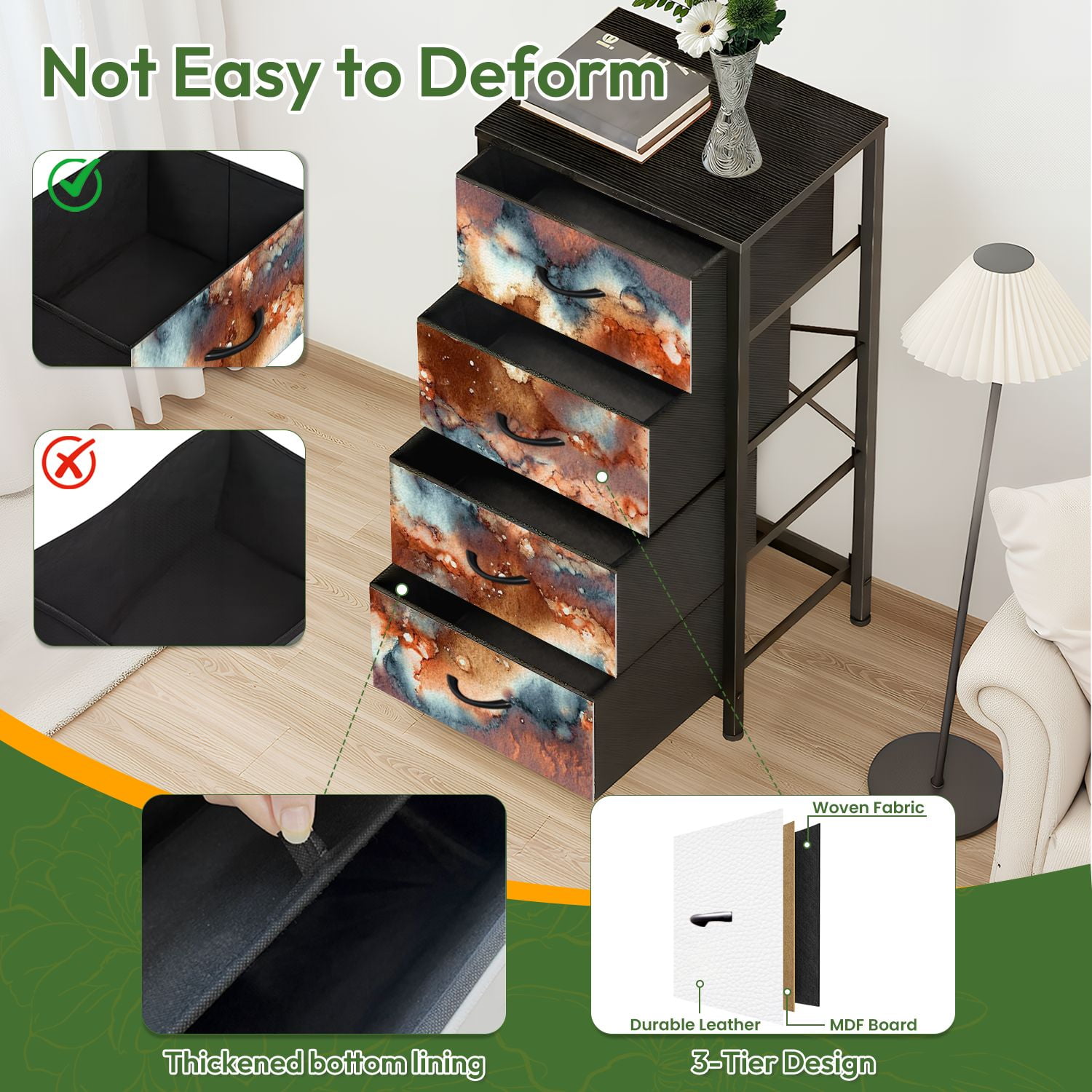 4 Drawer Vertical Storage Dresser Hand watercolor bright abstract stone surface Texture with Wood Top Fabric Pull Drawers