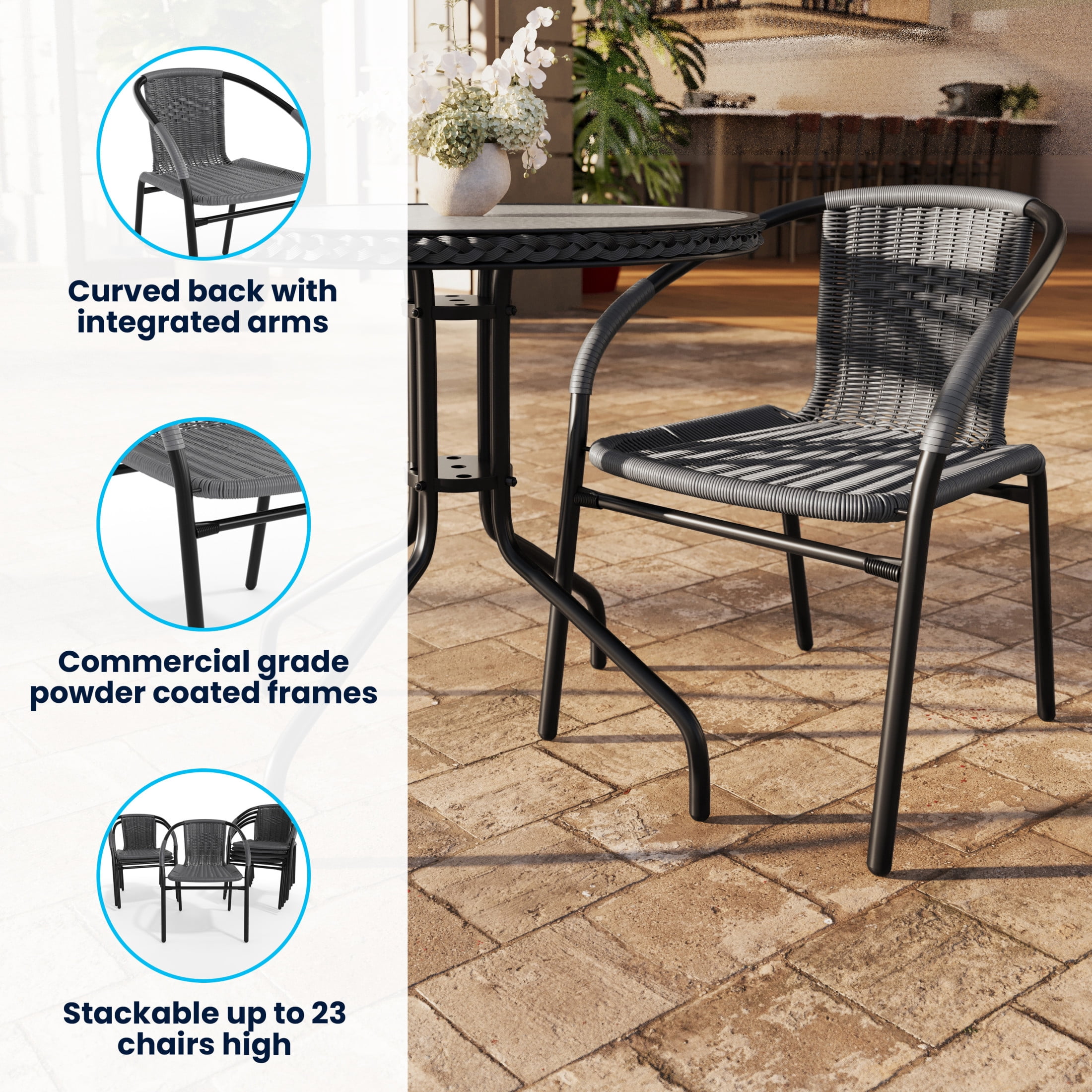 Flash Furniture Set of 2 Commercial Grade Gray Rattan Indoor-Outdoor Restaurant Stack Chairs