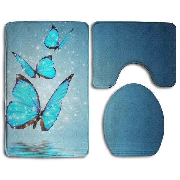 GOHAO Sky Blue Abstract Butterfly 3 Piece Bathroom Rugs Set Bath Rug