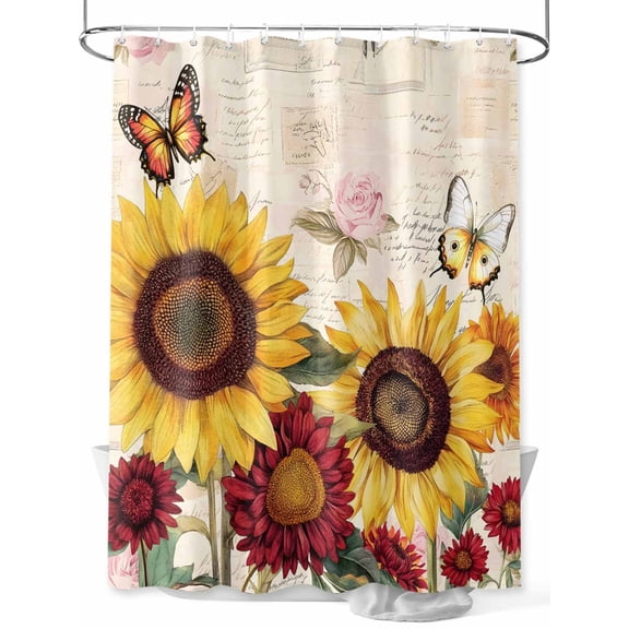 Sunflower Shower Curtain Set, Waterproof Shower Curtains for Bathroom, Farmhouse Rose Floral Vintage Butterfly Washable Fabric Cloth Bath Curtain for Bathtub Decoration with Hooks 72x78 Inches