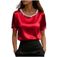 thumbnail image 2 of Xdegoge Blouse for Women Crew Neck Short Sleeve Business Casual Satin Fabric Luxurious Pearl Embellished Collar Elegant Puff Sleeve Chic Formal Interview Professional Workwear Tops, 2 of 5