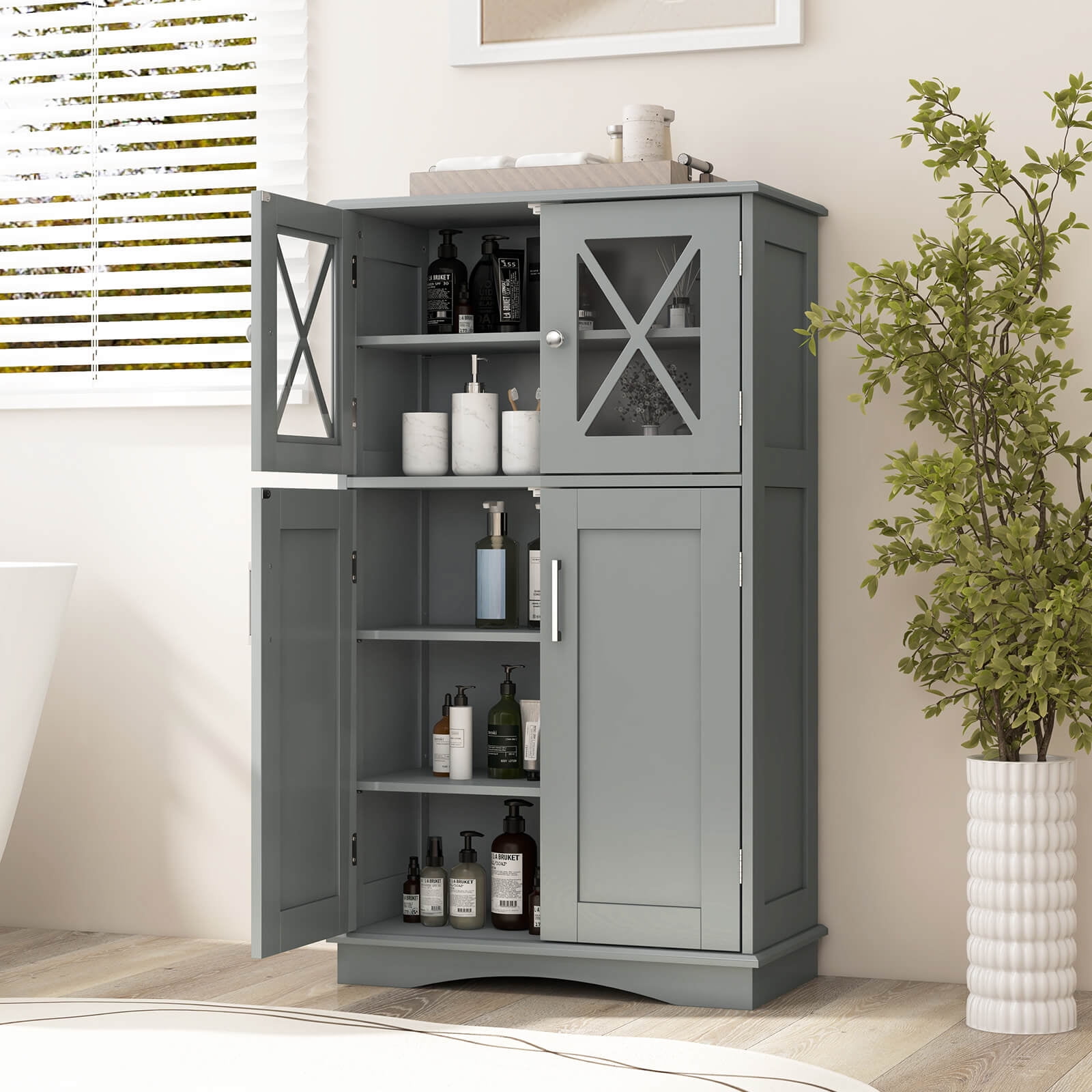 Costway Bathroom Storage Cabinet Linen Storage Cabinet with Doors and Adjustable Shelves Grey