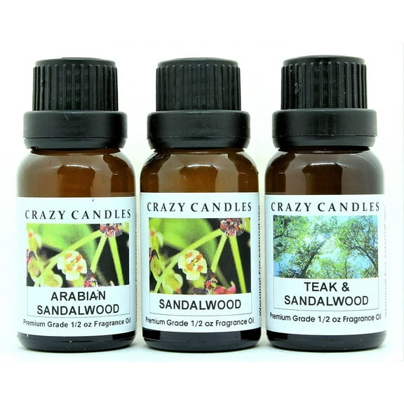 Crazy Candles 3 Bottles Set, 1 Arabian Sandalwood, 1 Sandalwood, 1 Teak & Sandalwood 1/2 Fl Oz Each (15ml) Premium Grade Scented Fragrance Oils