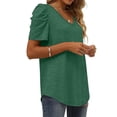 thumbnail image 4 of Womens Summer Shirt V Neck Casual Tshirts Puff Sleeve Tops for Women Solid Color XS-3XL Hort-Sleeved Top With Pleated Seams And V-Neck Design Green M, 4 of 5