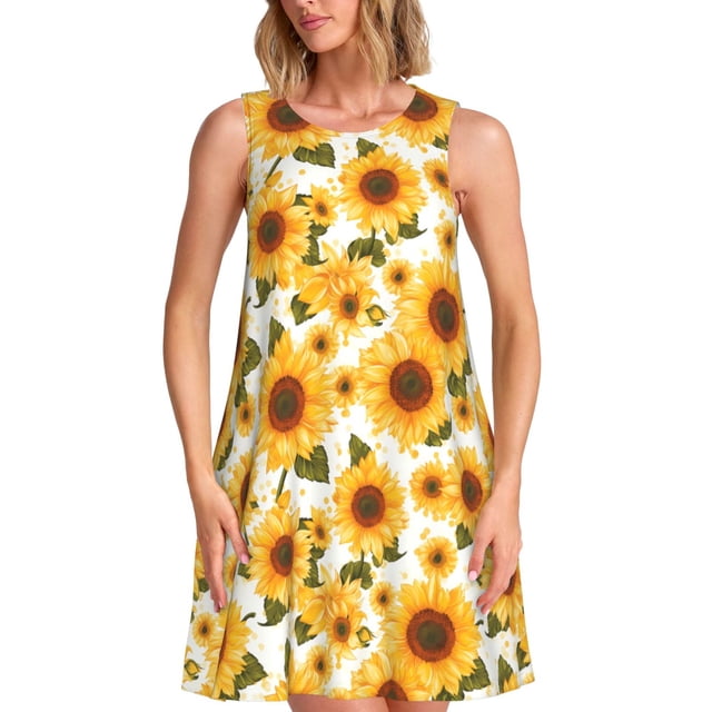 Fotbe Yellow Polka Dot Sunflower Vestido de Verano sin Mangas para Mujer – Vestido Midi Línea A, Estilo Camiseta Floral, Vestido Playero Casual y Fluido