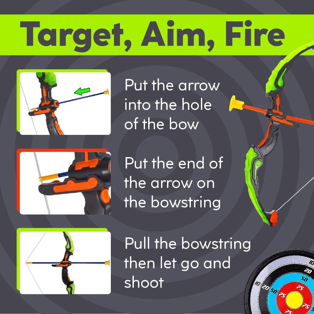 Toysery Green Kids Archery Bow and Arrow Toy Set with Target, Quiver, LED Bow and Arrow set for kids