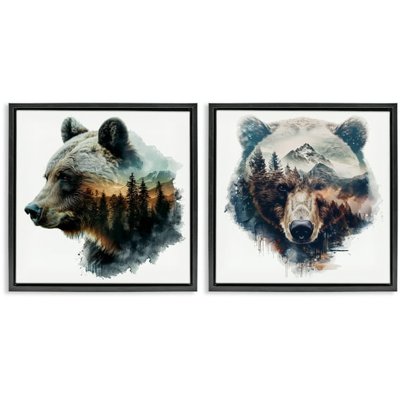 Stupell Industries Woodland Bear Forest Silhouettes Animals Painting Black Floater Framed Canvas Art Print Wall Art, 18 x 18, Set of 2