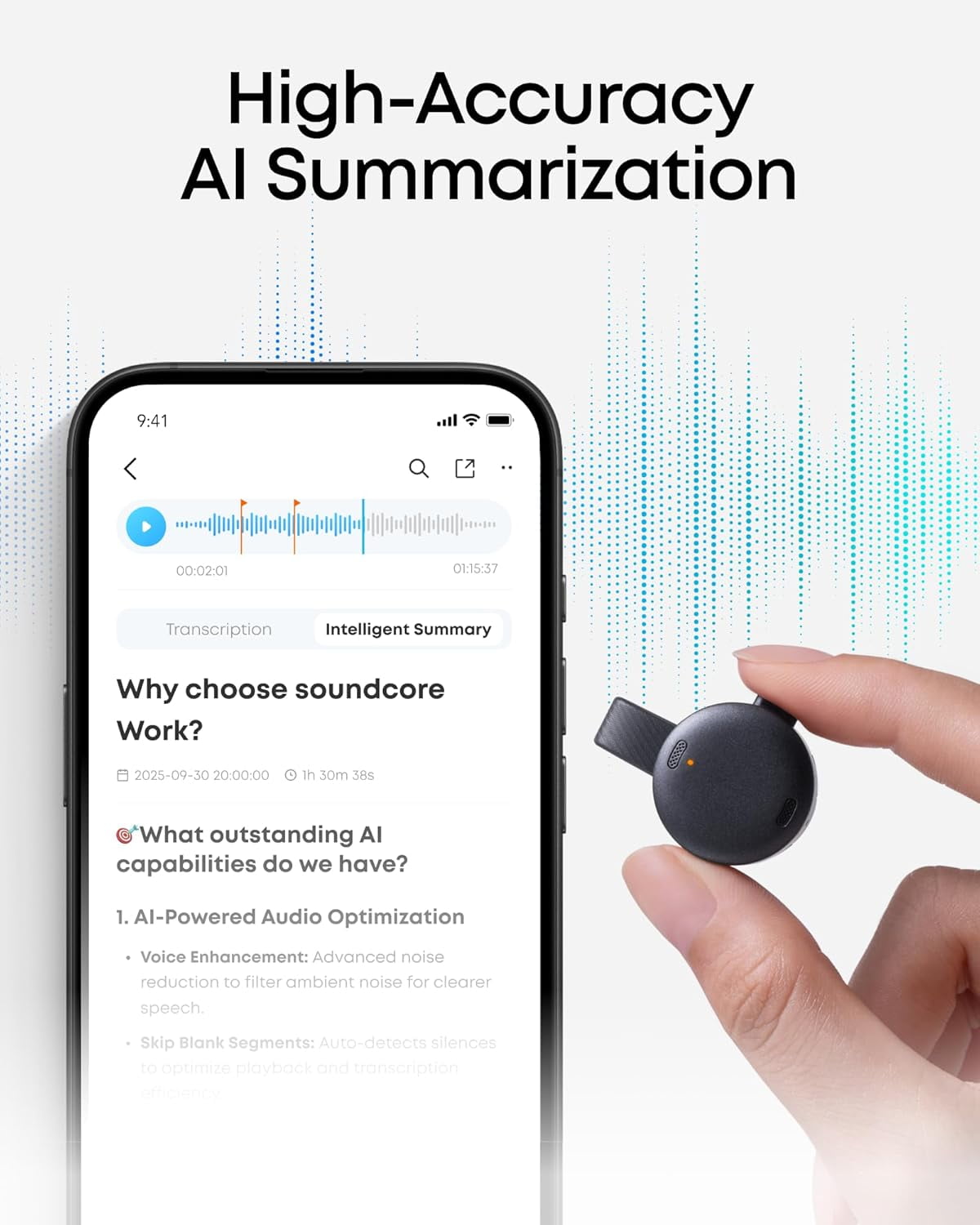 Soundcore Work AI Voice Recorder with Transcription & 6-Month Pro, Portable, MFi Certified (Black)