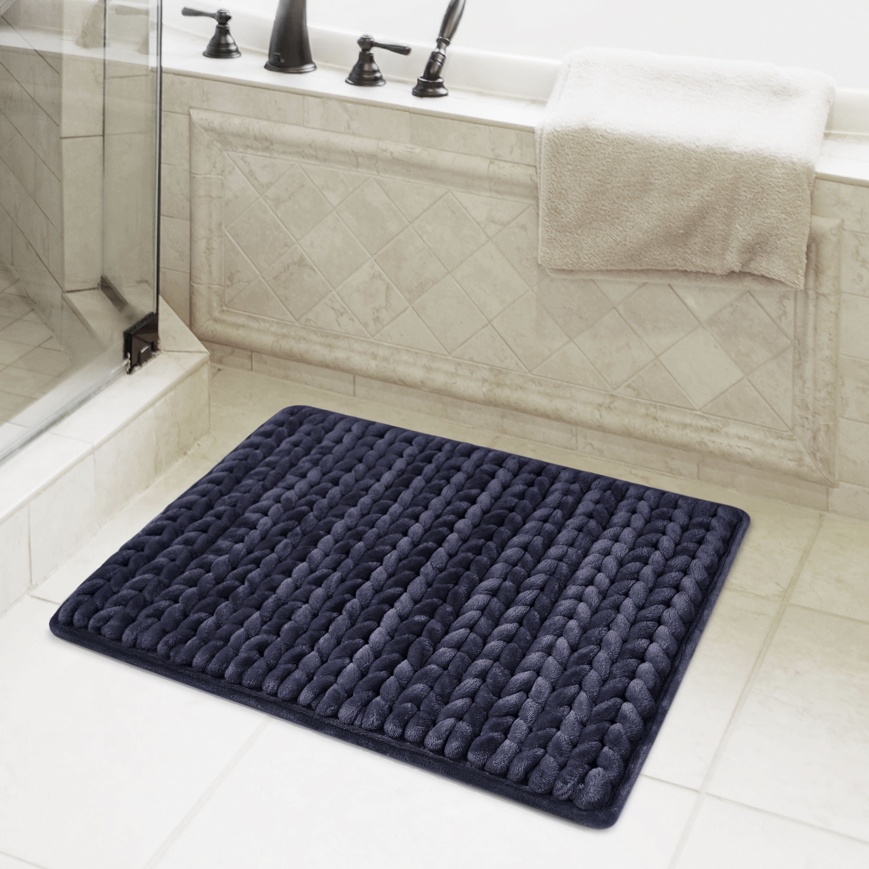 Bathroom Mat, Washable Bath Rug, Navy Bathmat - Moreveda