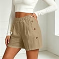 thumbnail image 5 of Women's Soft Stretch Linen-Like Elastic Waist Double Pockets Button-Up Shorts, Lightweight Casual Fabric, Mid Waist Tummy Control, Comfy Summer Essential for Beach Day | TruBelle,Khaki M, 5 of 8