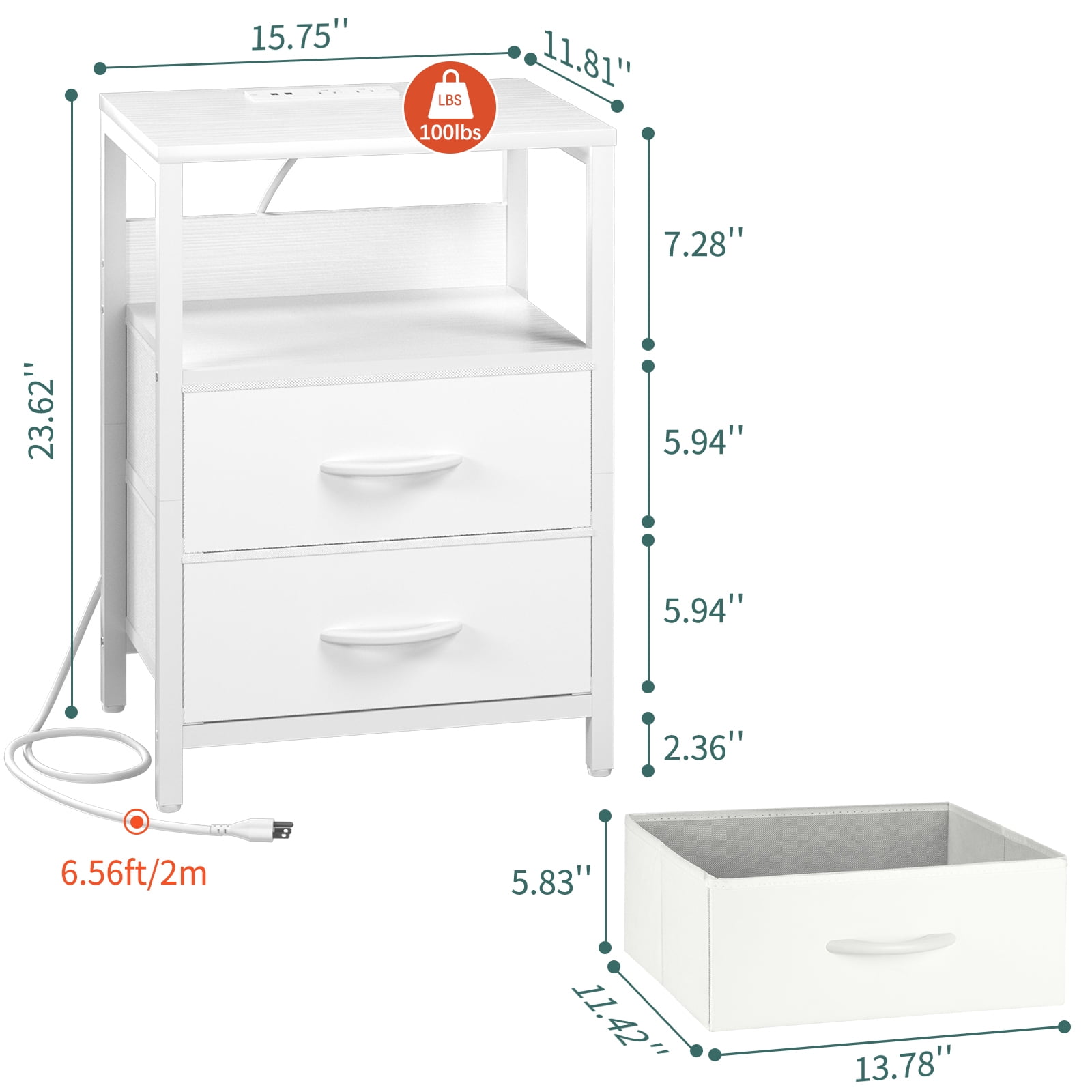 Nightstand with Charging Station, Small Night Stand Fabric Drawers and Storage Shelf for Bedrooms, Nightstands Spaces, Bedside Table USB Ports & Outlets, White