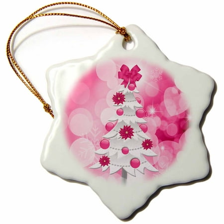 3dRose Pink and White Christmas Tree with Poinsettia Ornaments and Snowflake Bokeh Background , Snowflake Ornament, Porcelain,