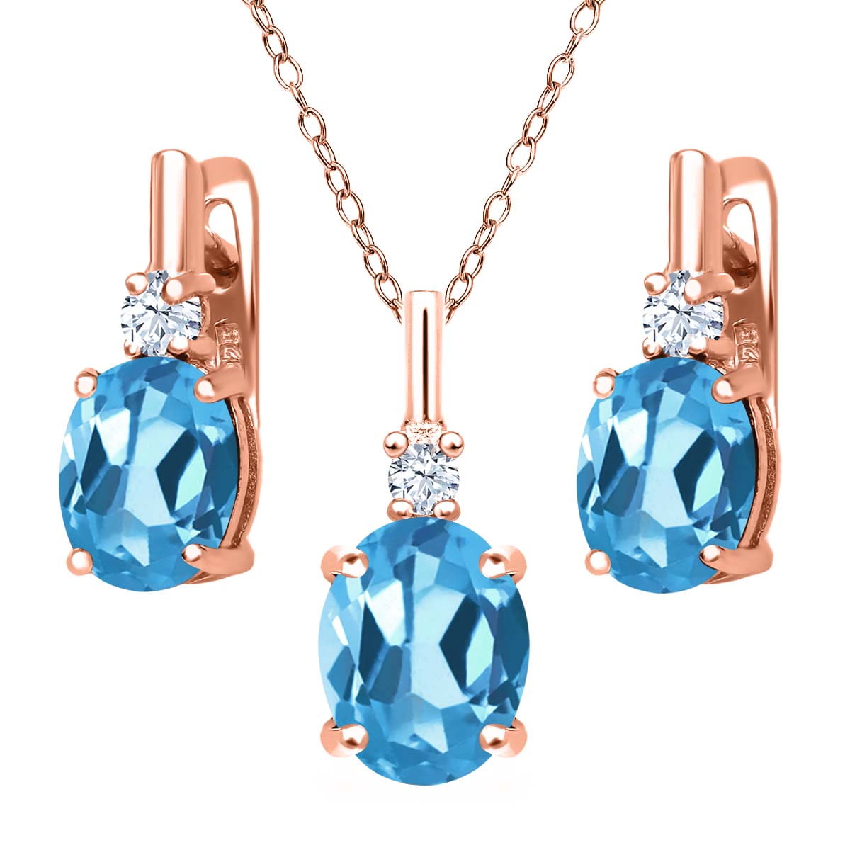 6.65 Ct Swiss Blue Topaz 18K Rose Gold Plated Silver Pendant Earrings Set by