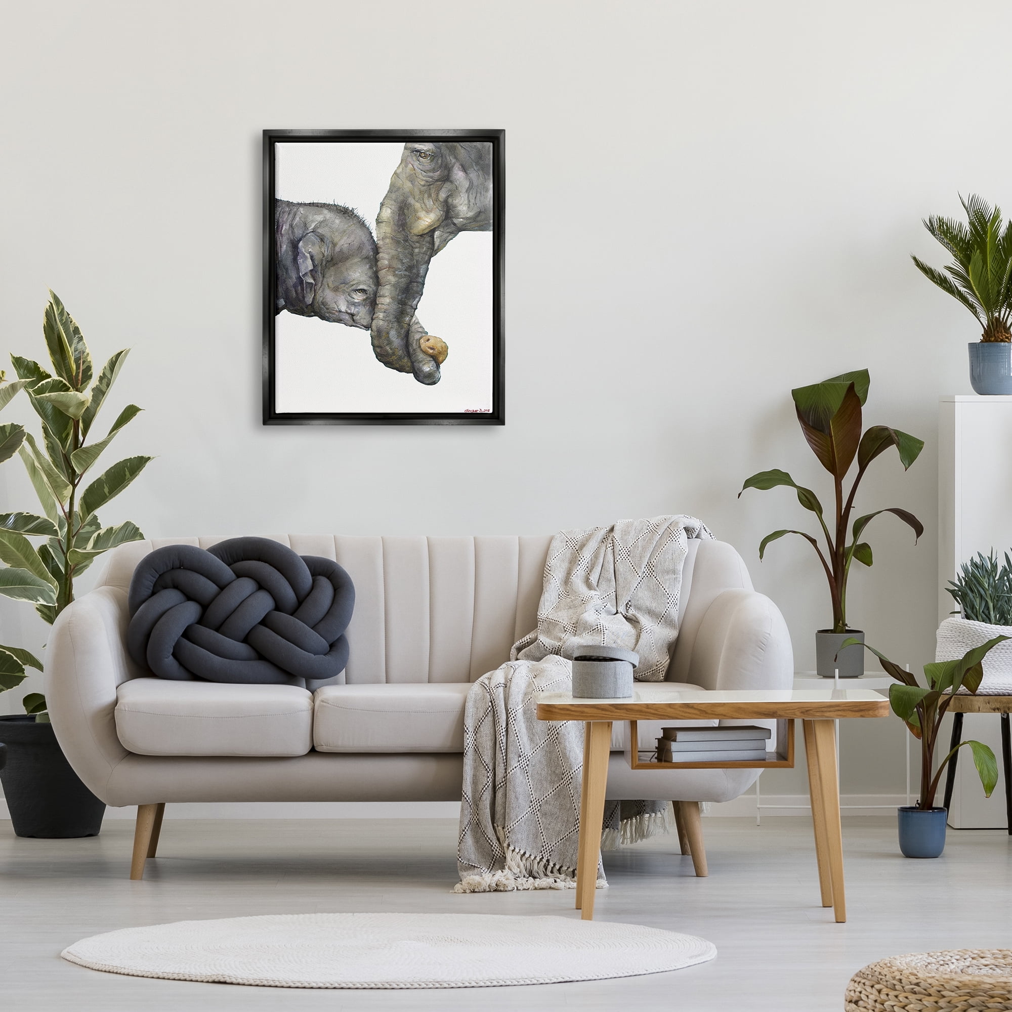 Stupell Industries Cute Baby Elephant Family Animal Watercolor Painting Jet Black Framed Floating Canvas Wall Art, 24x30, by George Dyachenko