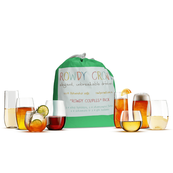 Rowdy Crowd Couples Drinkware pack, set of 8 dishwasher safe, unbreakableTritan plastic cups in 4 different shapes.