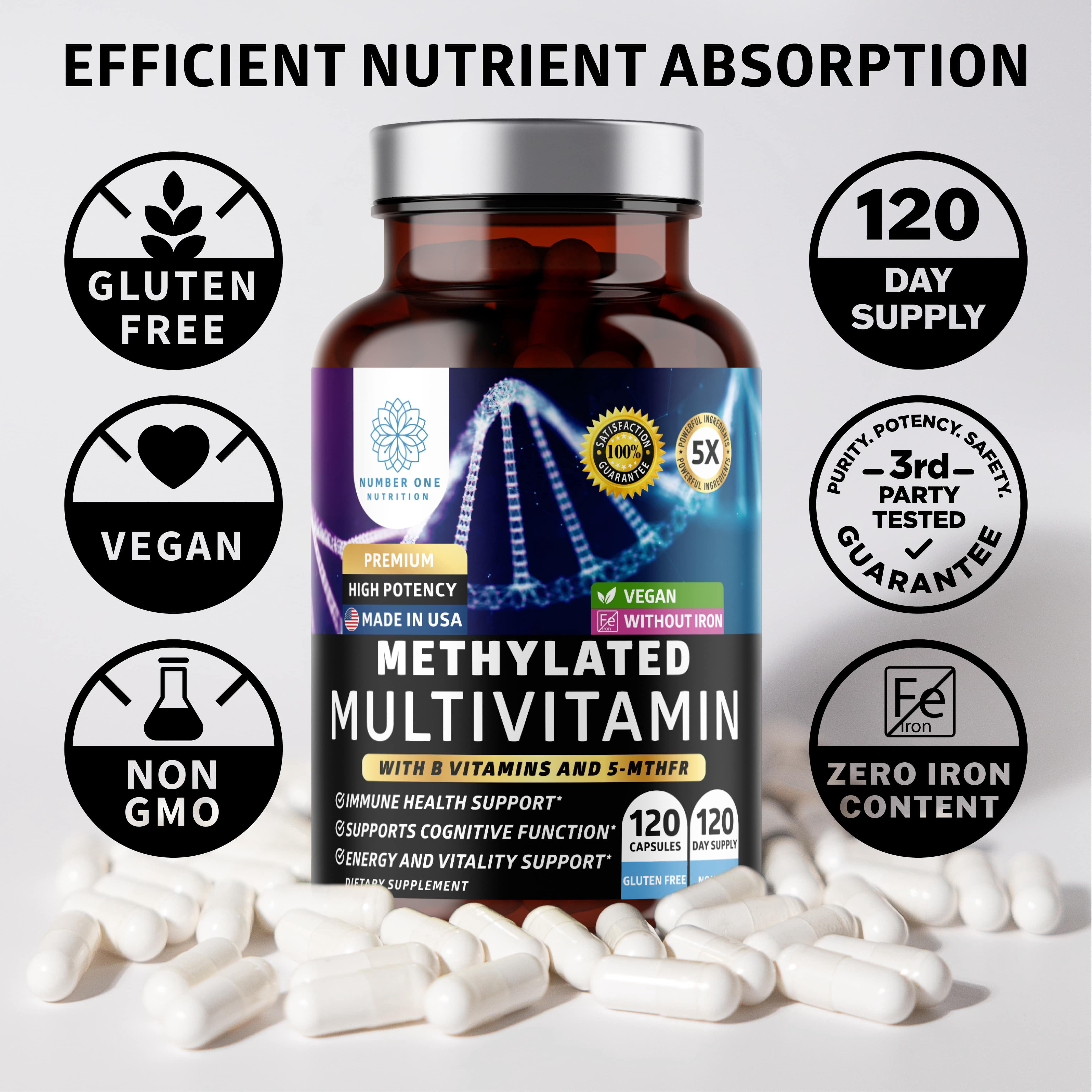 Methylated Multivitamin for Women & Men, Natural Daily Multivitamins with Folate, Vitamin B12, Vitamin B2 and B6, Non-GMO, Gluten-Free, 120 Caps