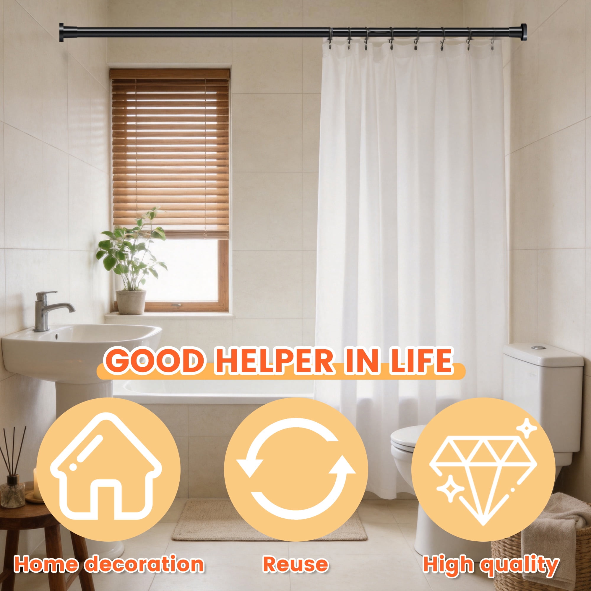 GARITIN Adjustable Tension Curtain Rod, 43.3-78.7 Inch No Drill Shower Curtain Rod for Window, Bathroom, Closet, Black Tension Rod