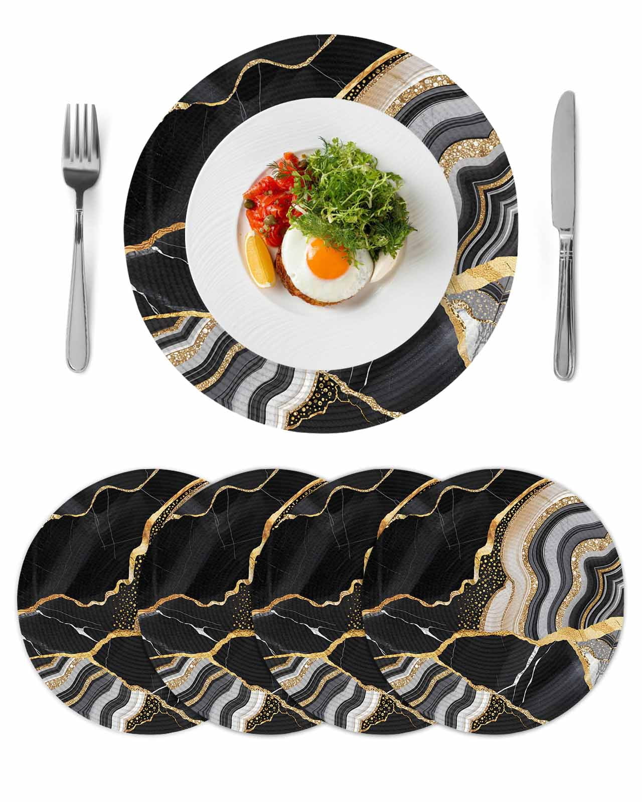 Round Placemats Set of 4 Black Marble Texture Place Mats Washable Woven Placemat Abstract Gold Fluid Circle Braided Table Mat for Kitchen Dining Table Party Home Decor 15 Inch