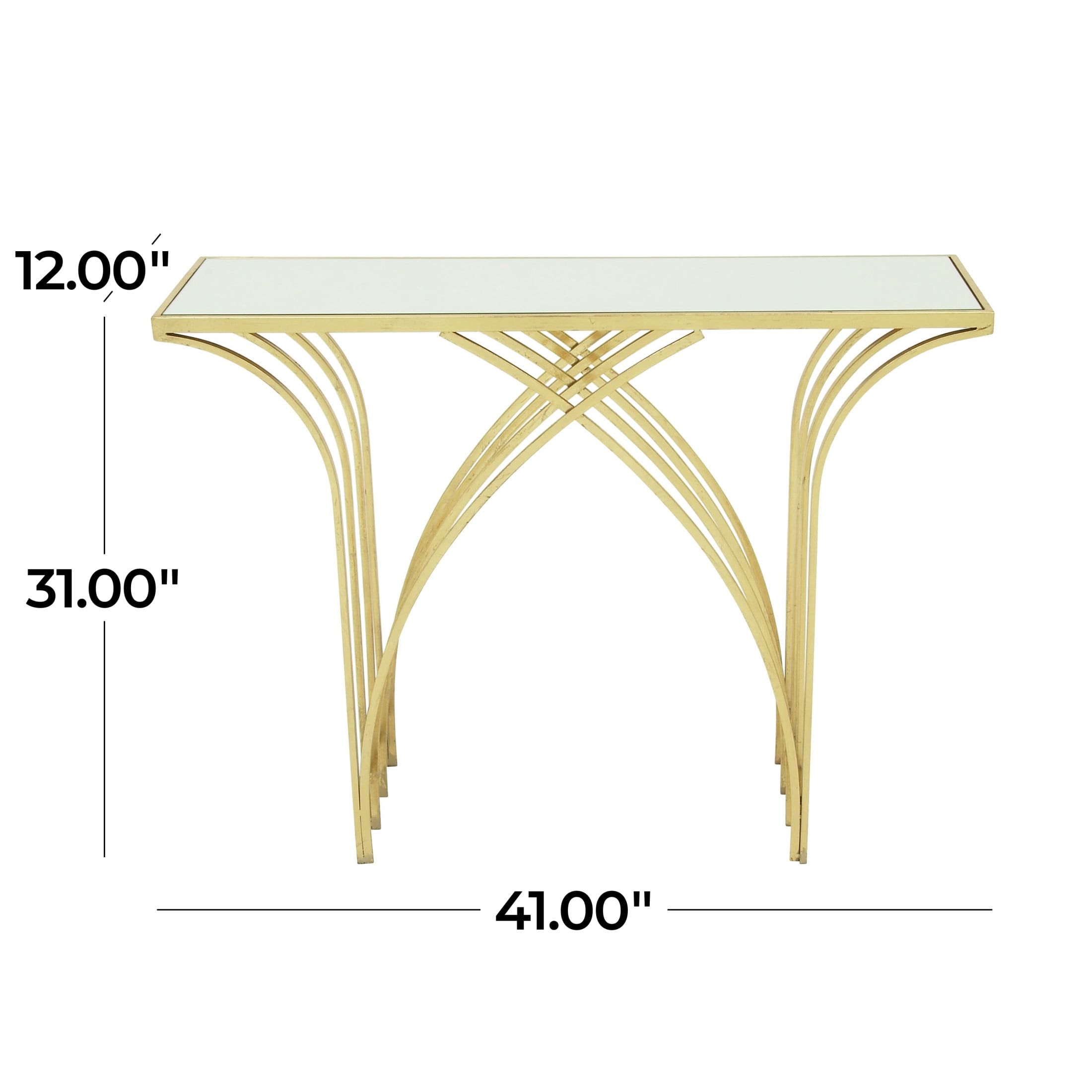 DecMode 41" x 31" Gold Metal Rectangular Geometric Console Table with Mirrored Glass Top, 1-Piece