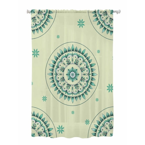 Sheer Curtains 63 Inch Length, Green Floral Semi Sheer Curtains Light Filtering Window Treatment, round Floral Ethnic Abstract Patterned Privacy Voile Drapes for Living Room Bedroom 52x63 Inch
