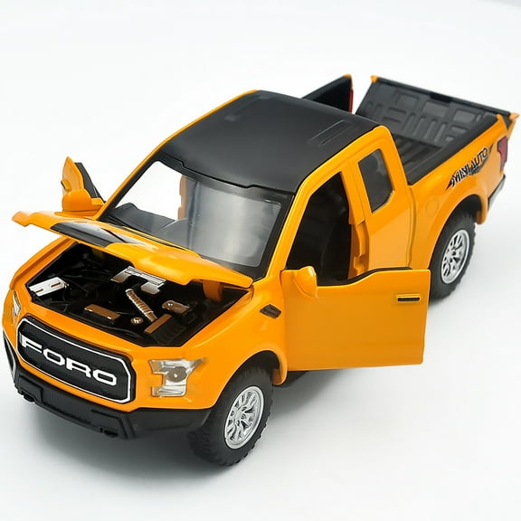 The 1:32 scale is suitable for Ford F150 alloy die-cast car models, equipped with openable doors, lights, sounds and a spring-back function. Boys' toy cars, children's birthday gift toy cars.