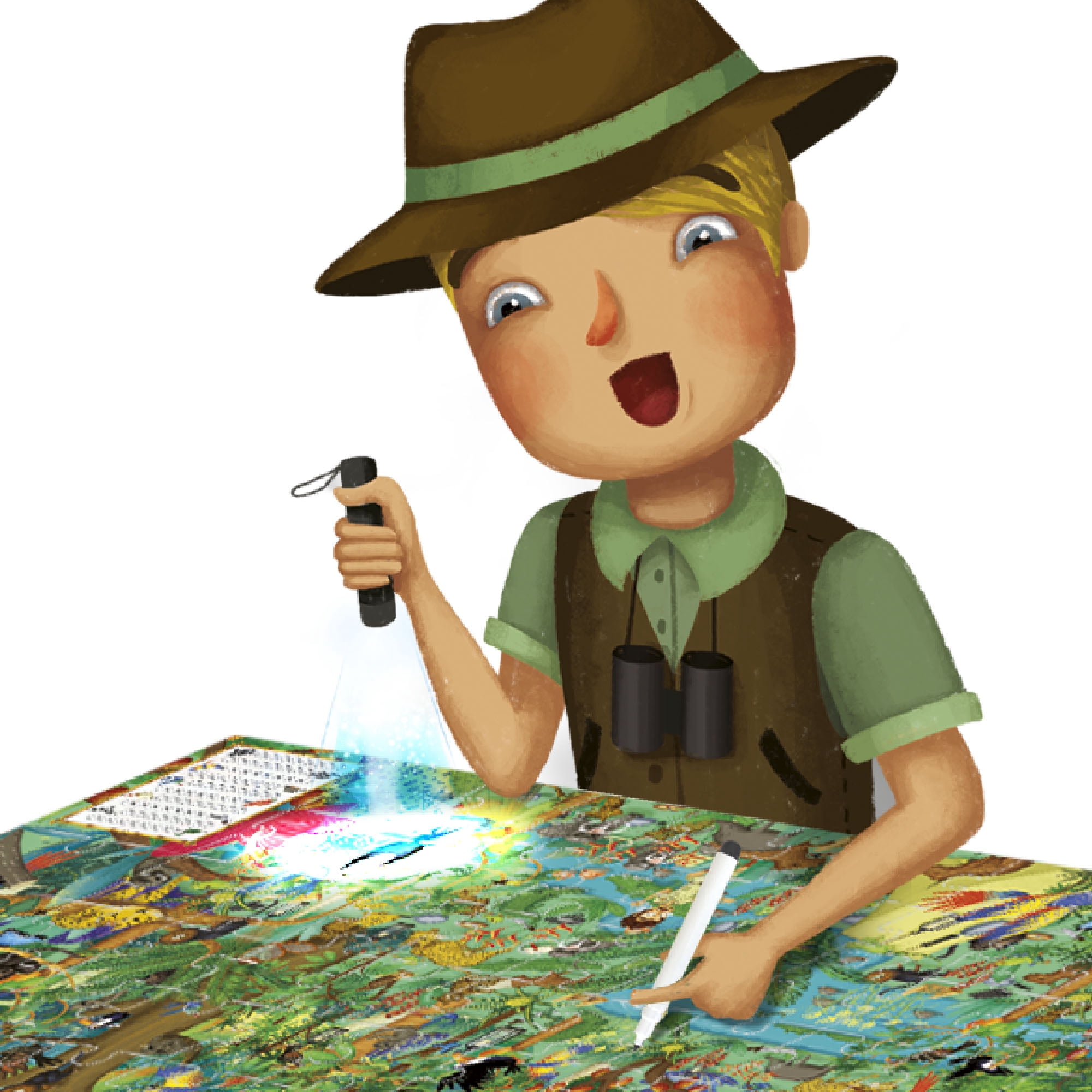 Headu: Explore The Forest Puzzle - 70pc Activity Jigsaw, Magic Reveal Light, 27x17" Jungle Ecosystem Scene, Search & Find Plants & Animals, Kids 5+