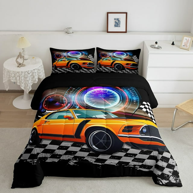 YST Ensemble de Douillette Simple Voiture de Course pour Enfants Garçons Filles, Ensembles de Literie Rétro Véhicule de Course, Ensemble de Lit à Carreaux Buffalo Noir Gris, Tableau de Bord Voiture de Sport, Couette Matelassée Déco Maison, Respirant 2 Pcs