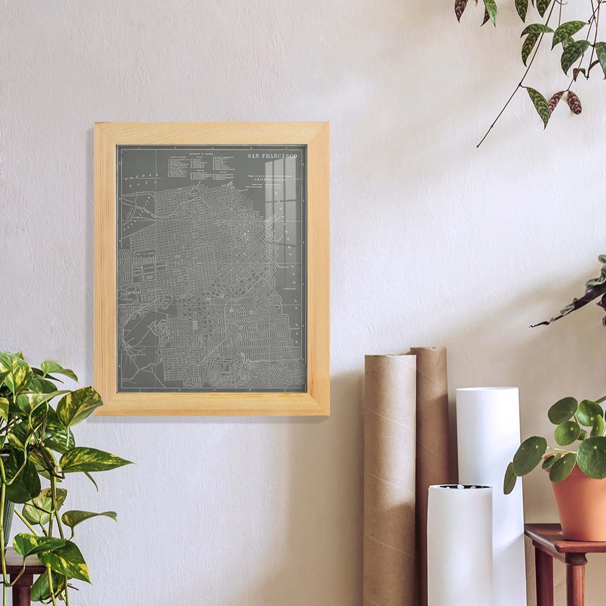 City Map of San Francisco -Framed Print w/glass-Natural Wood
