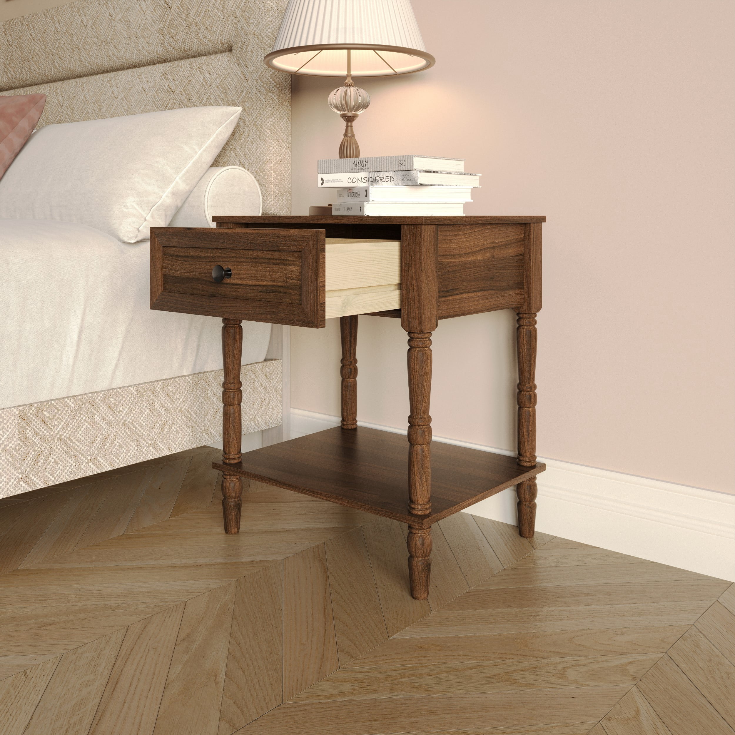Home Design Rumford 1-Drawer Nightstand for Adult, Modern Bedside Table with Storage, Brown Finish