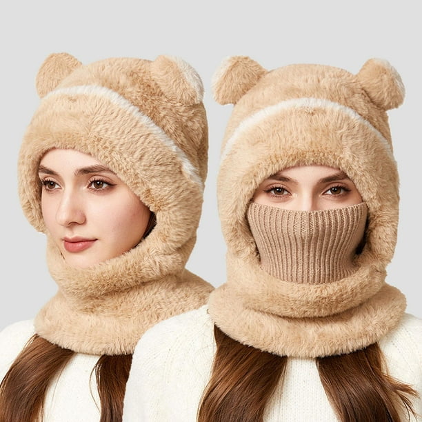 Sombrero de invierno de punto grueso para mujer | Gorro cálido forrado de forro polar con cobertura de orejas y rostro | Lana cortaviento, ajuste elástico y acogedor, gorra térmica suave para clima