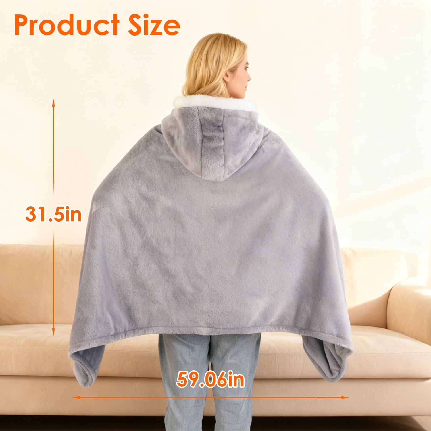 Imountek Wearable Heated Blanket with 8 Heating Zones, 3 Temperature Levels, Machine Washable Flannel, Portable USB Electric Heating Throw for Indoor Outdoor Use, Beige