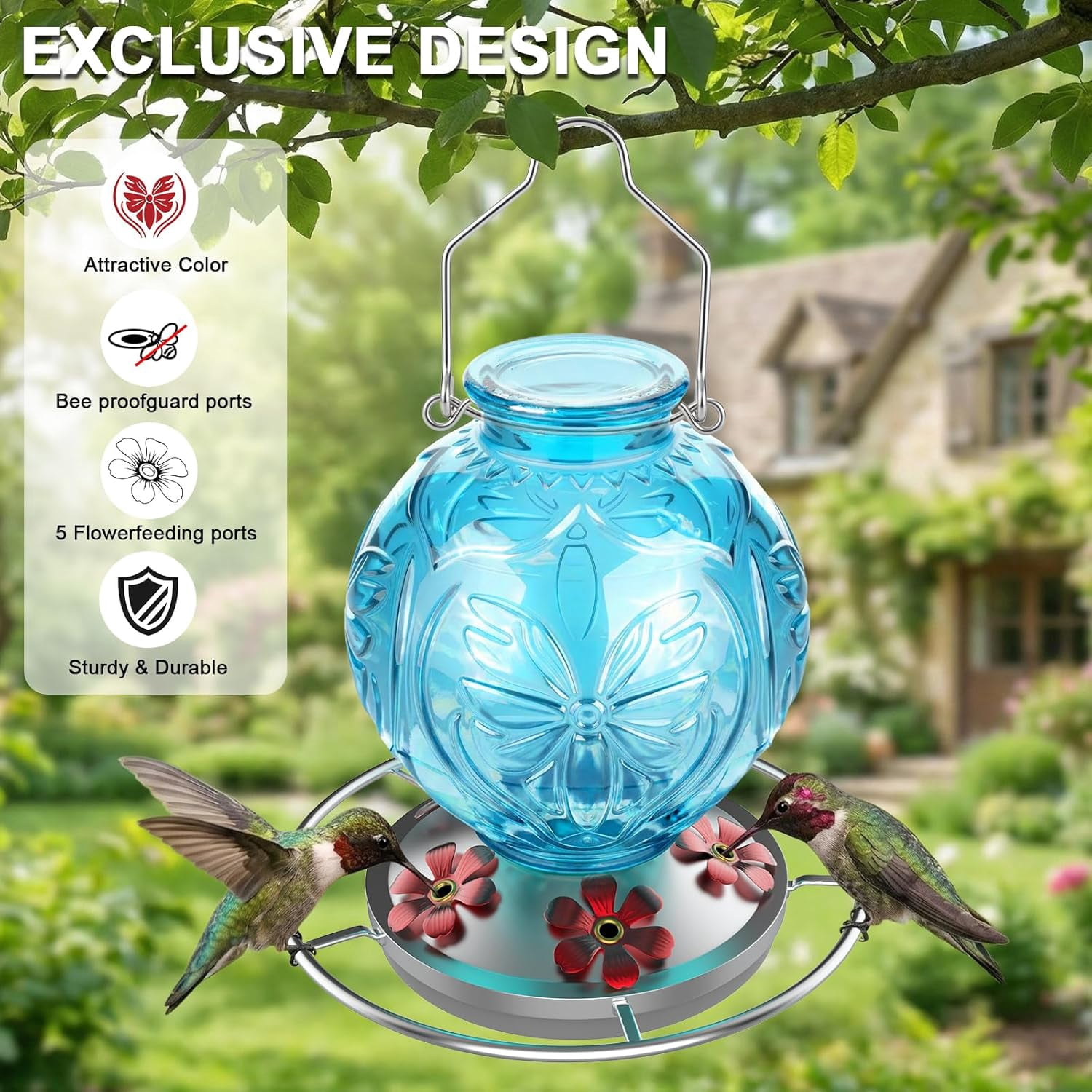 Glass Hummingbird Feeder for Outdoors Hanging, 25Oz Humming Bird Nectar Feeders with Perch & 5 Flower Feeding Ports, Leak Proof for Outside Garden Decor, Gifts for Women (Blue)
