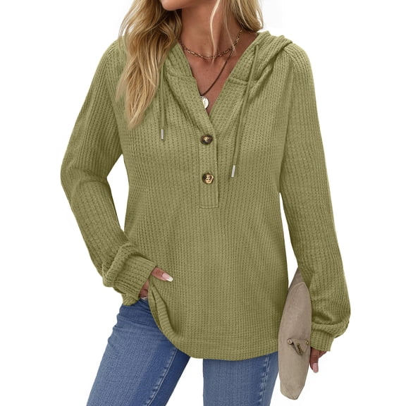 Fantaslook Hoodies for Women Waffle Knit Sweatshirts Drawstring Long Sleeve Tops Button V Neck Pullover