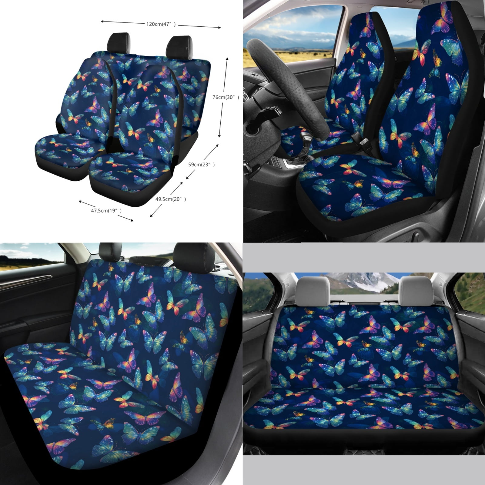 Renewold Butterfly Car Seat Cover Set 14 Pack with Steering Wheel Seat Belt Strap Gear Shift Knob Cover Set Garbage Bin Armrest Pad Rearview Mirror Coasters Universal Fit SUV Sedans, Dark Blue