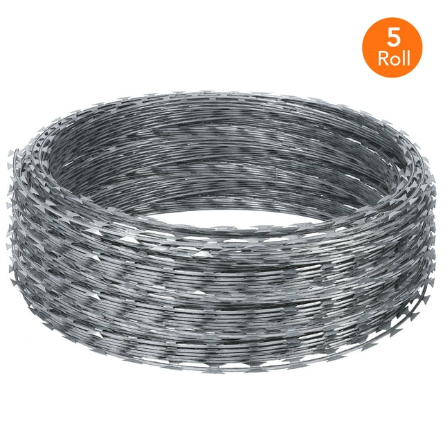Yiwa Fils de Rasoir, Clôture en Acier Galvanisé Barbelé, Lot de 5 Rouleaux de 50 Pi pour Protection de Clôture de Jardin