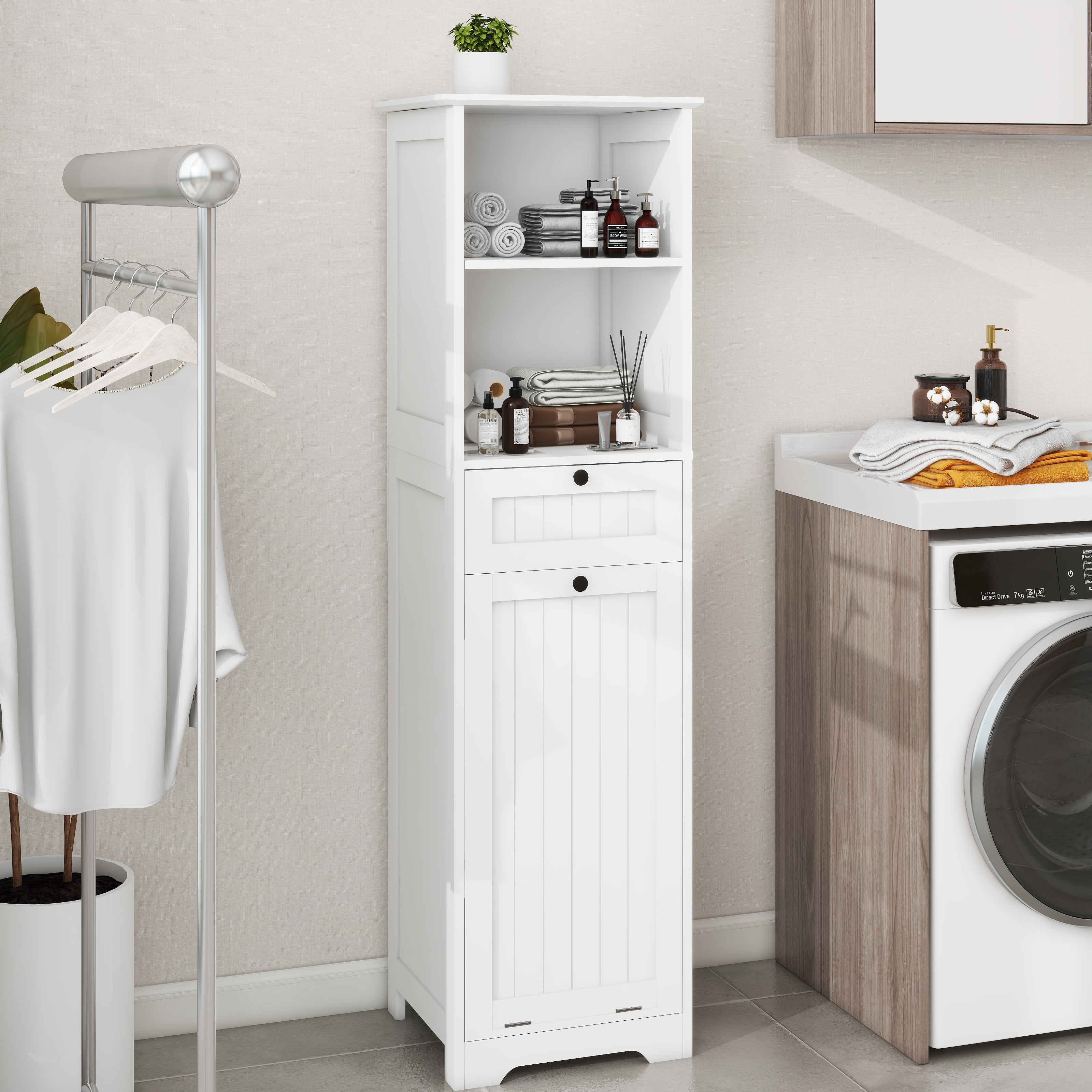 Mintazer Narrow Laundry Storage Cabinet with Open Shelves, Freestanding Slim Linen Tower with Drawer & Tilt-Out Laundry Hamper for Bathroom Laundry Room Balcony Hallway, White
