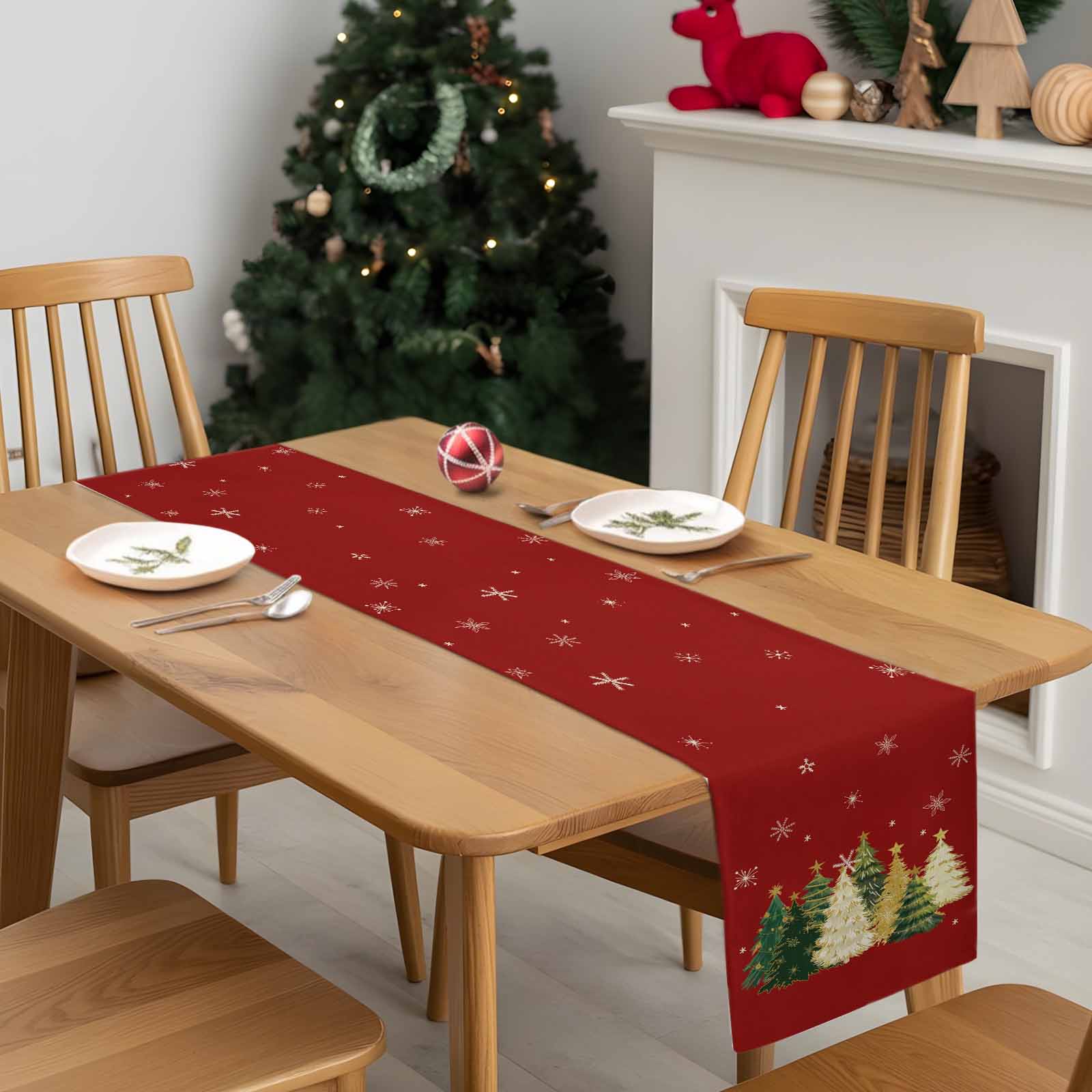 Red Christmas Tree Dresser Scarf Farmhouse, Dining Table Decorations for Wedding/Parties, Xmas Tree Winter Snowflake Table Runner 72 Inches Long for Kitchen Dining, 16 x 72 In