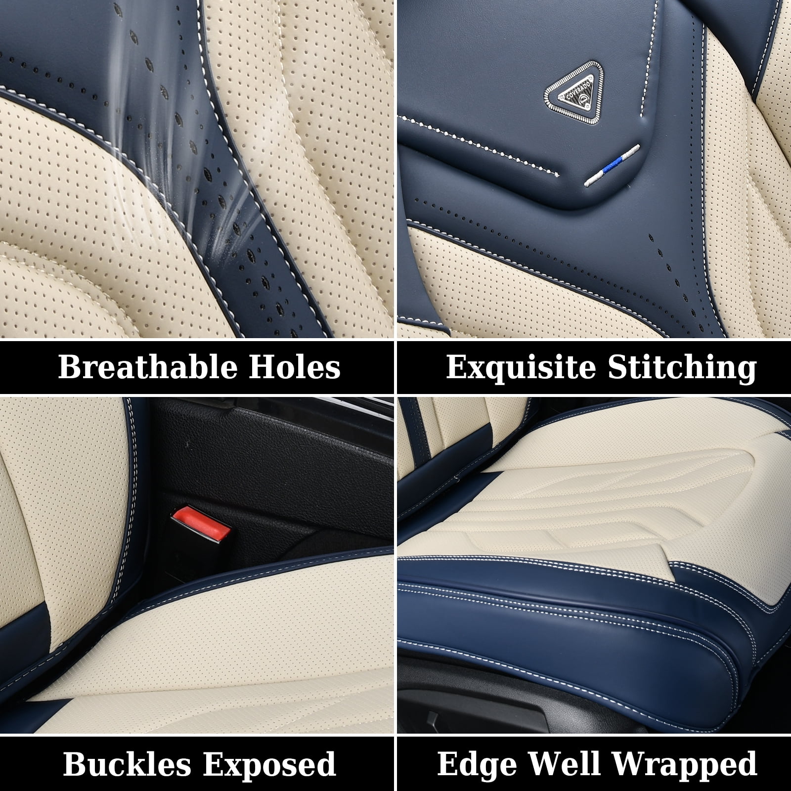Coverado Car Seat Covers Full Set, Waterproof Airbag Compatible Faux Leather Front and Back Car Seat Protectors, Universal Fit for Most Sedans SUV Pick-up Truck, Blue&Beige