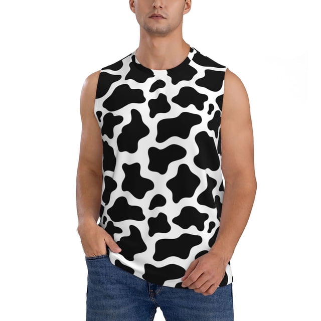Fotbe Cow Print Black White Men's Camiseta sin Mangas Estampada para Hombres, Playera Casual para Gimnasio, Entrenamiento, Playa-Large