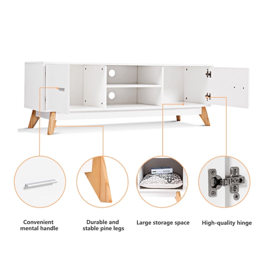 Finihen TV Stand, TV Cabinet, Wooden TV Stand with 2 Storage Cabinets and 2 Open Shelves for 60 Inch TV, for Living Room, Bedroom, White
