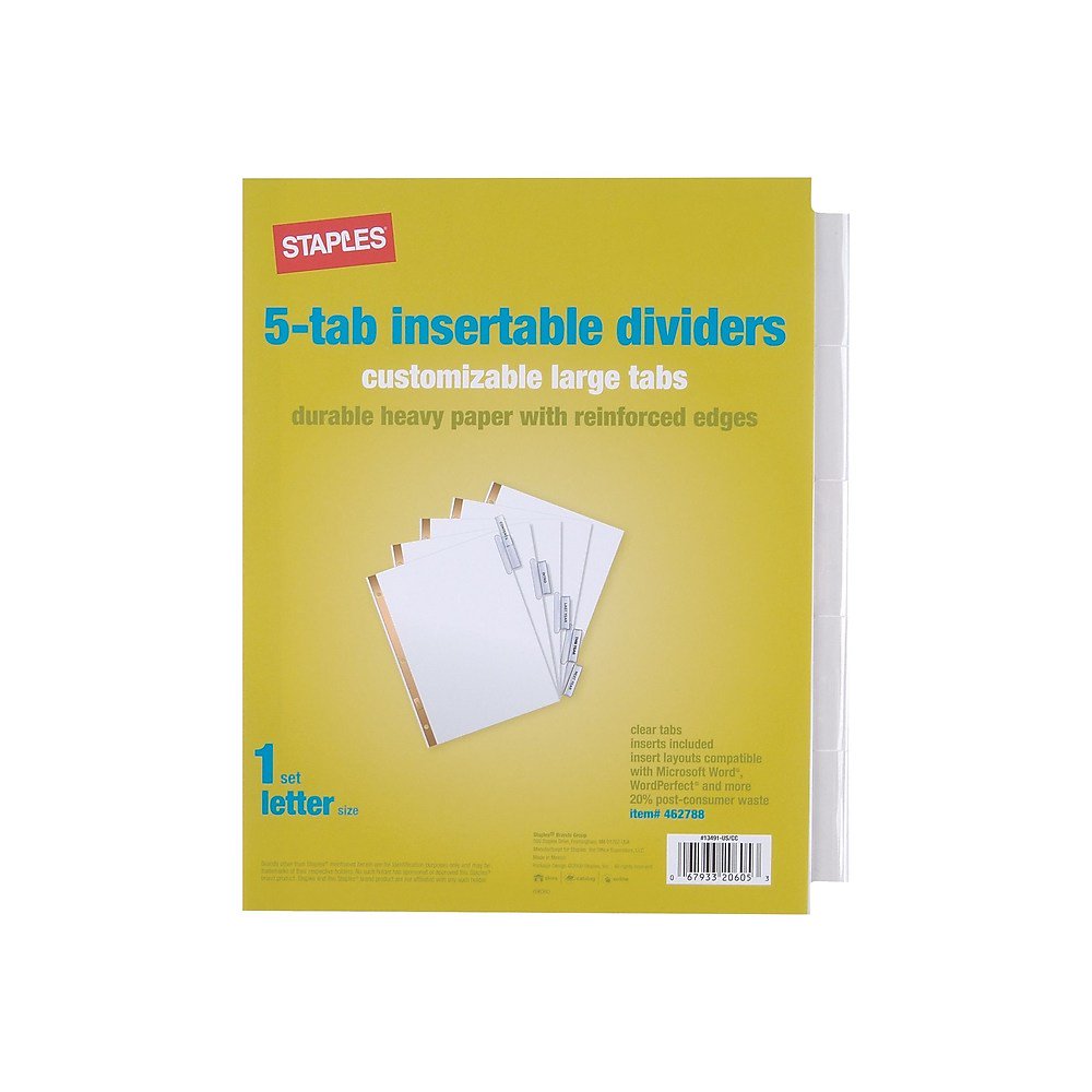 Staples Big Tab Insertable Paper Dividers 5Tab Clear (13491/11122