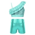 thumbnail image 2 of YONGHS Kids Girls 2-Piece Tracksuit Gymnastics Dance Outfit Sequin Ruffle Crop Top with Shorts Light Green 12, 2 of 7