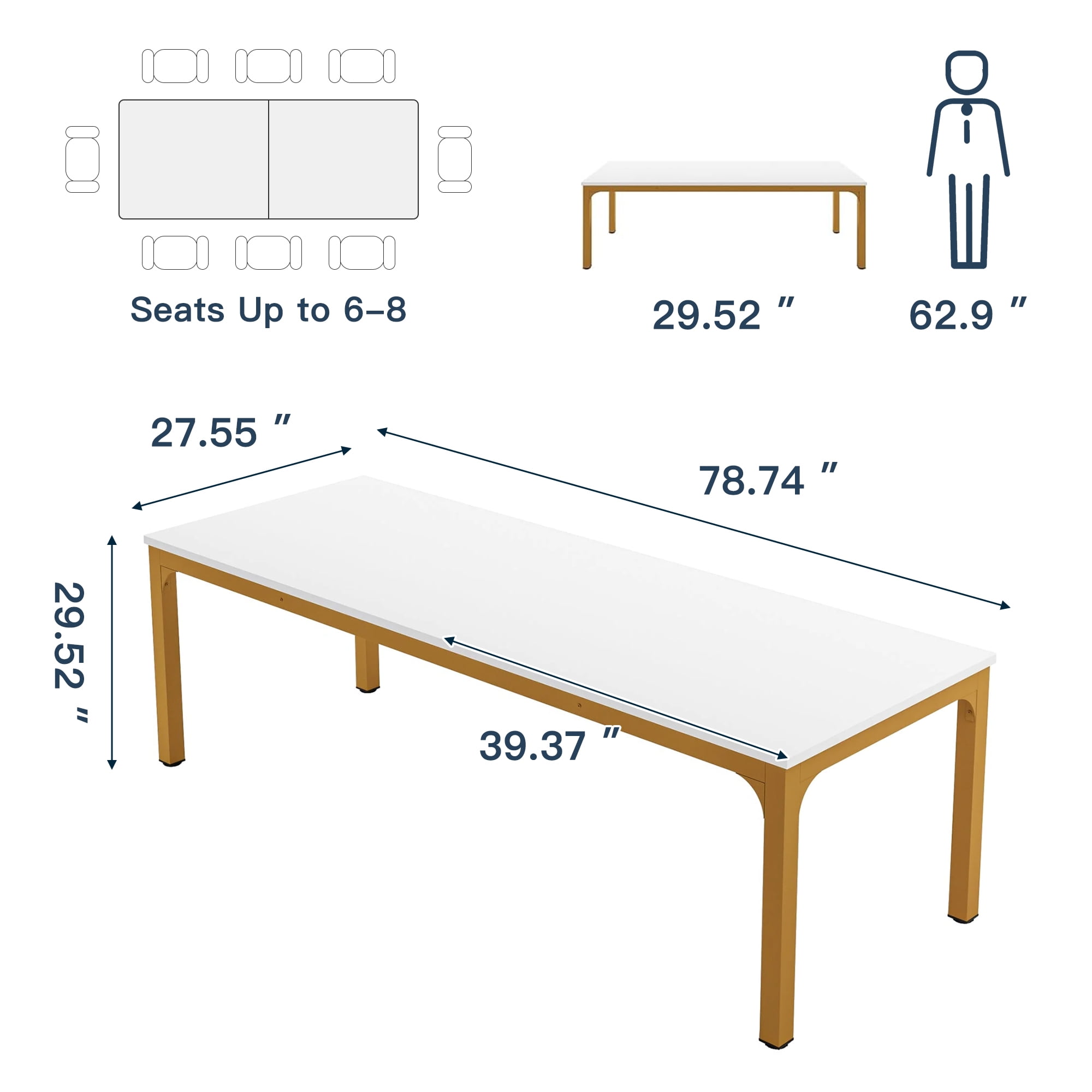 Demi Bonn 78" Farmhouse Dining Table, Wood Rustic Kitchen Table for 8 People, Large Rectangular Dinner Table for Dining Room, Home Office, Living Room Furniture, White & Gold