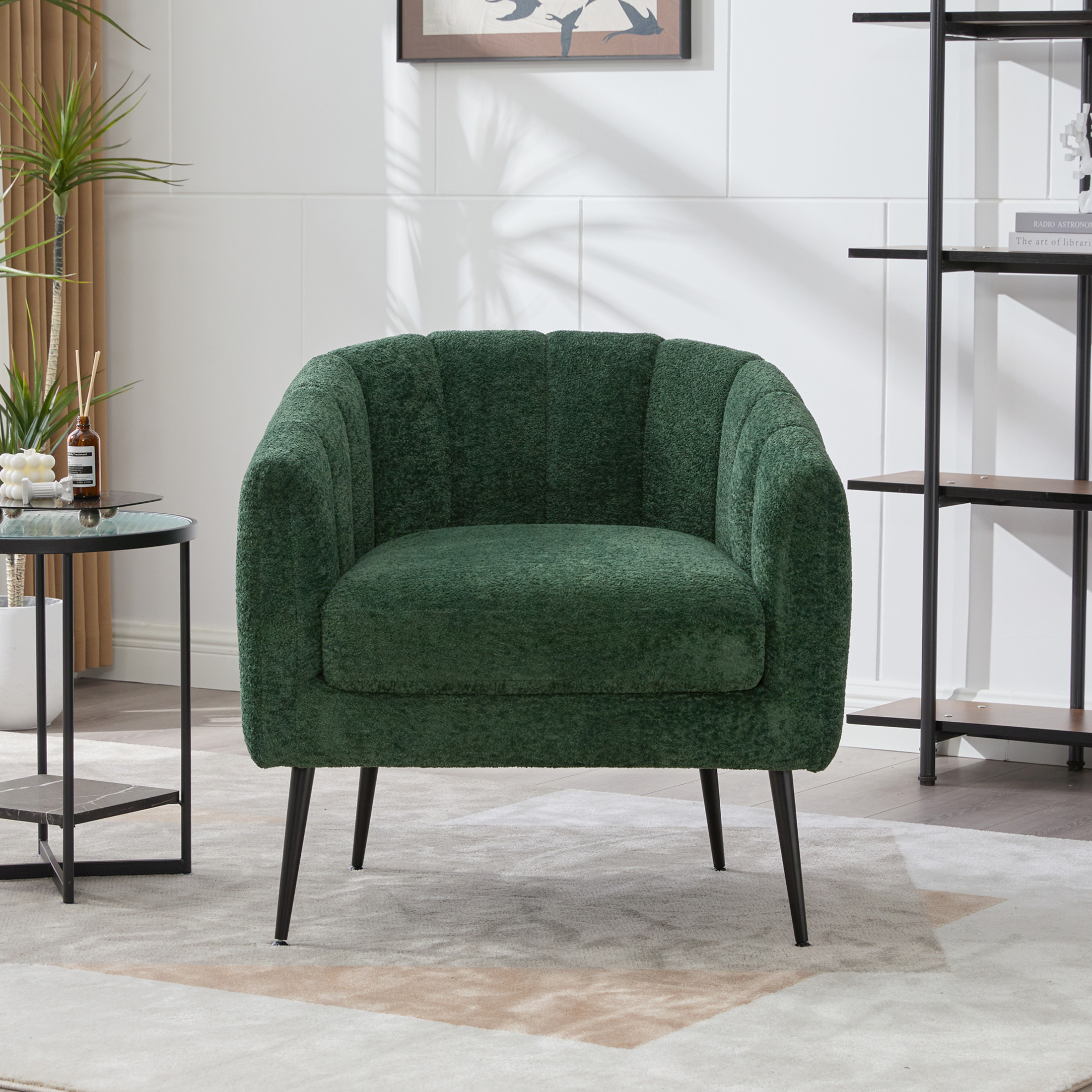 Noble House Solval 29.9" Chenille Barrel Accent Chair, Channel Tufted Lounge Chair with Metal Legs, Living Room, Green