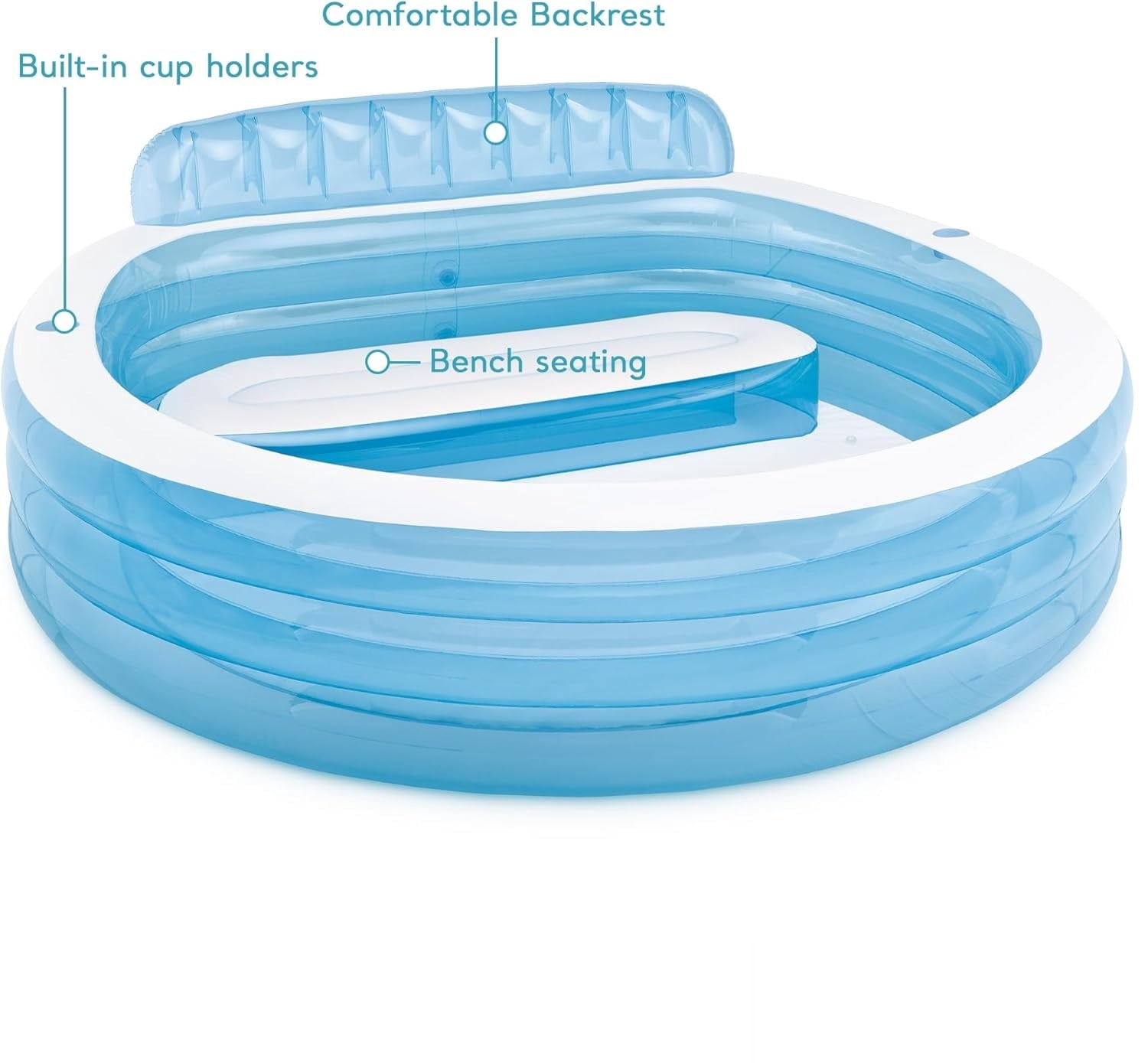 Swim Center Inflatable Family Lounge Pool: Built-In Bench – Cup Holder – 156 Gallon Capacity – 90" x 86" x 31" – Blue