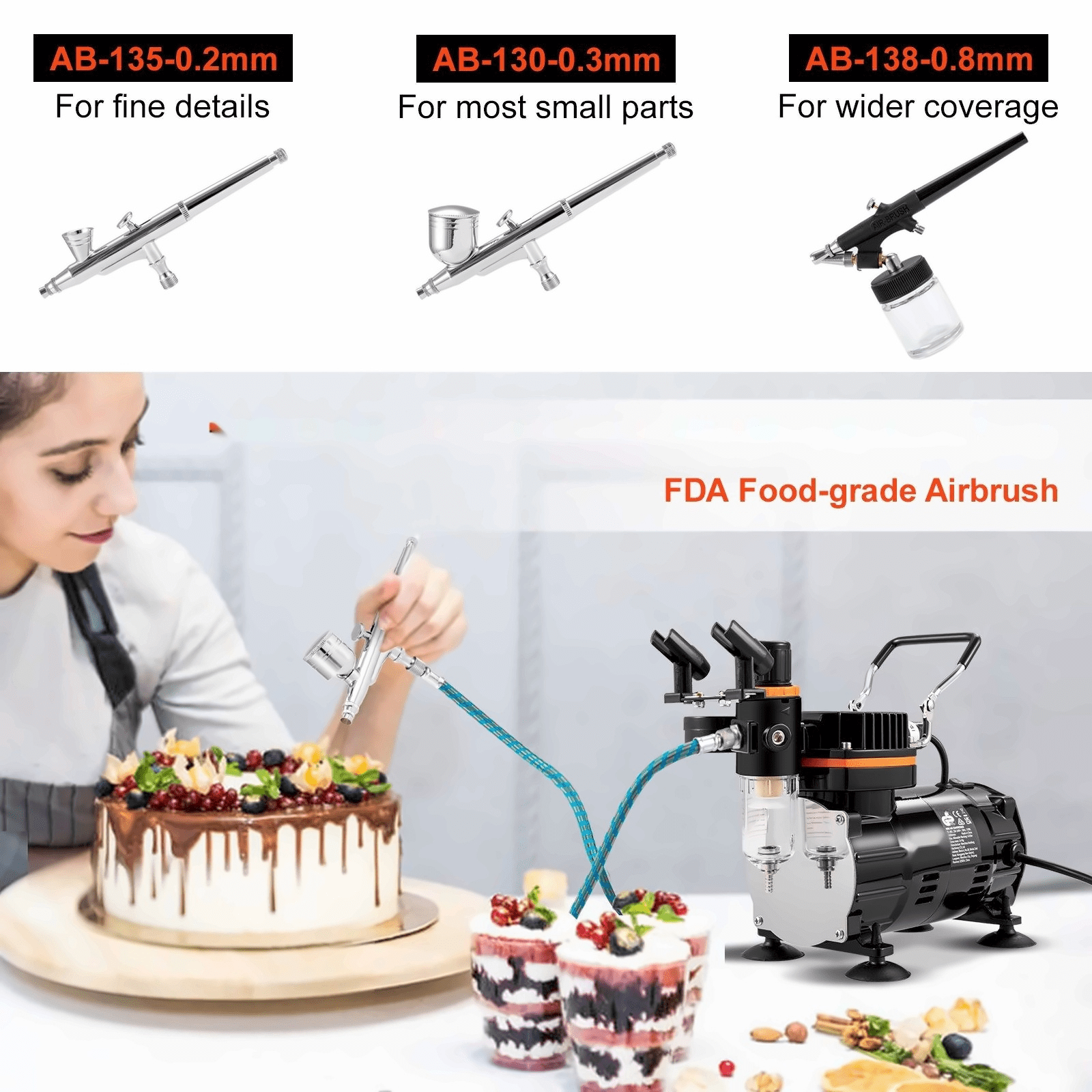 Airbrush Kit with Compressor, Dual-Action Gravity Feed Airbrush System for Art, Nails, Tattoos, Cakes - 3 Nozzles (0.2/0.3/0.8mm) - FDA Certified