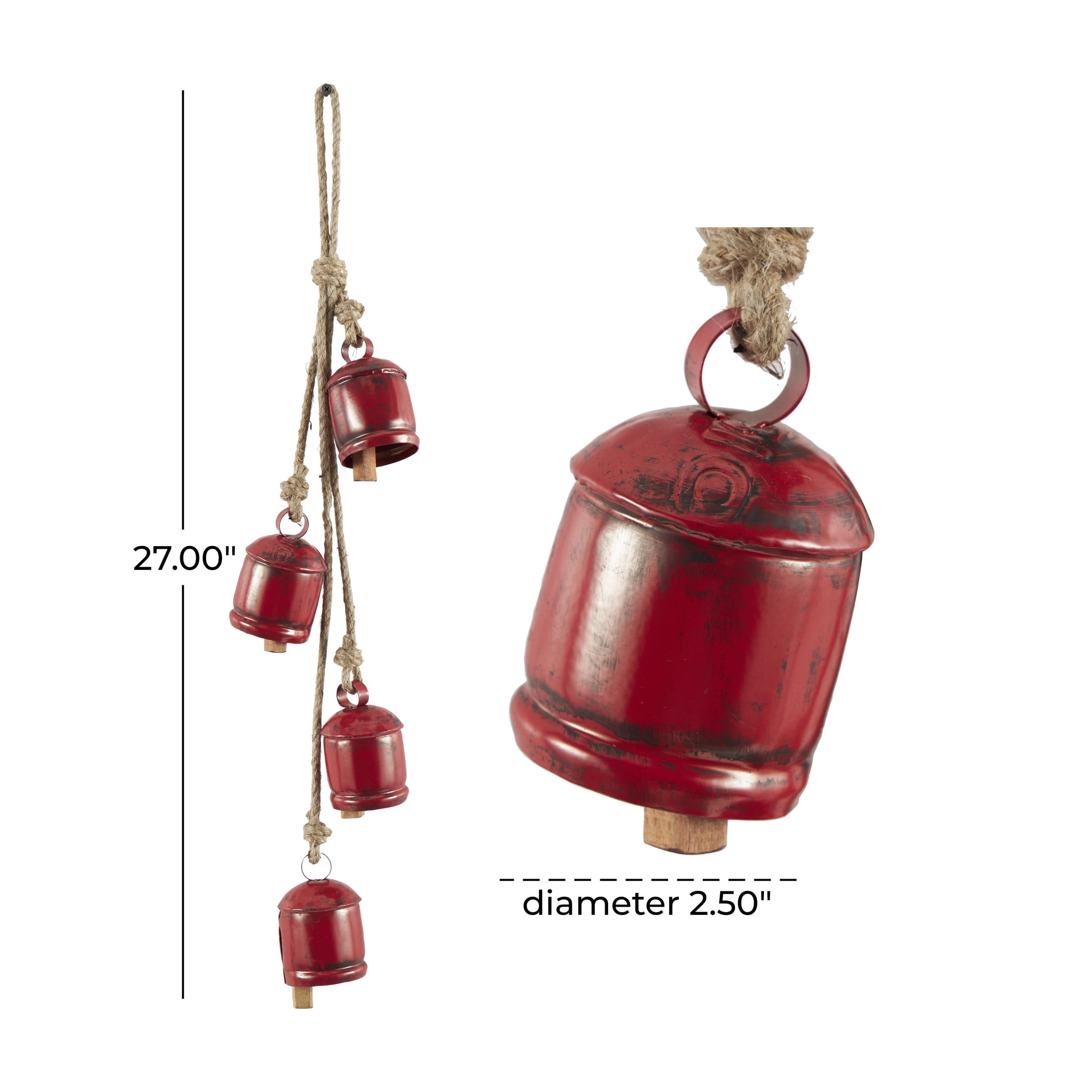DecMode Tibetan Inspired Cascading Red Metal Cylindrical Decorative Cow Bells with 4 Bells on Jute Hanging Rope