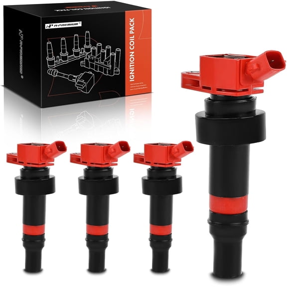 A-Premium (Red) Engine Ignition Coil Pack Compatible with Kia Soul 2012-2019, Rio 2012-2019 & Hyundai Accent 2012-2021, Veloster 2012-2017, 1.6L, 4-PC Set